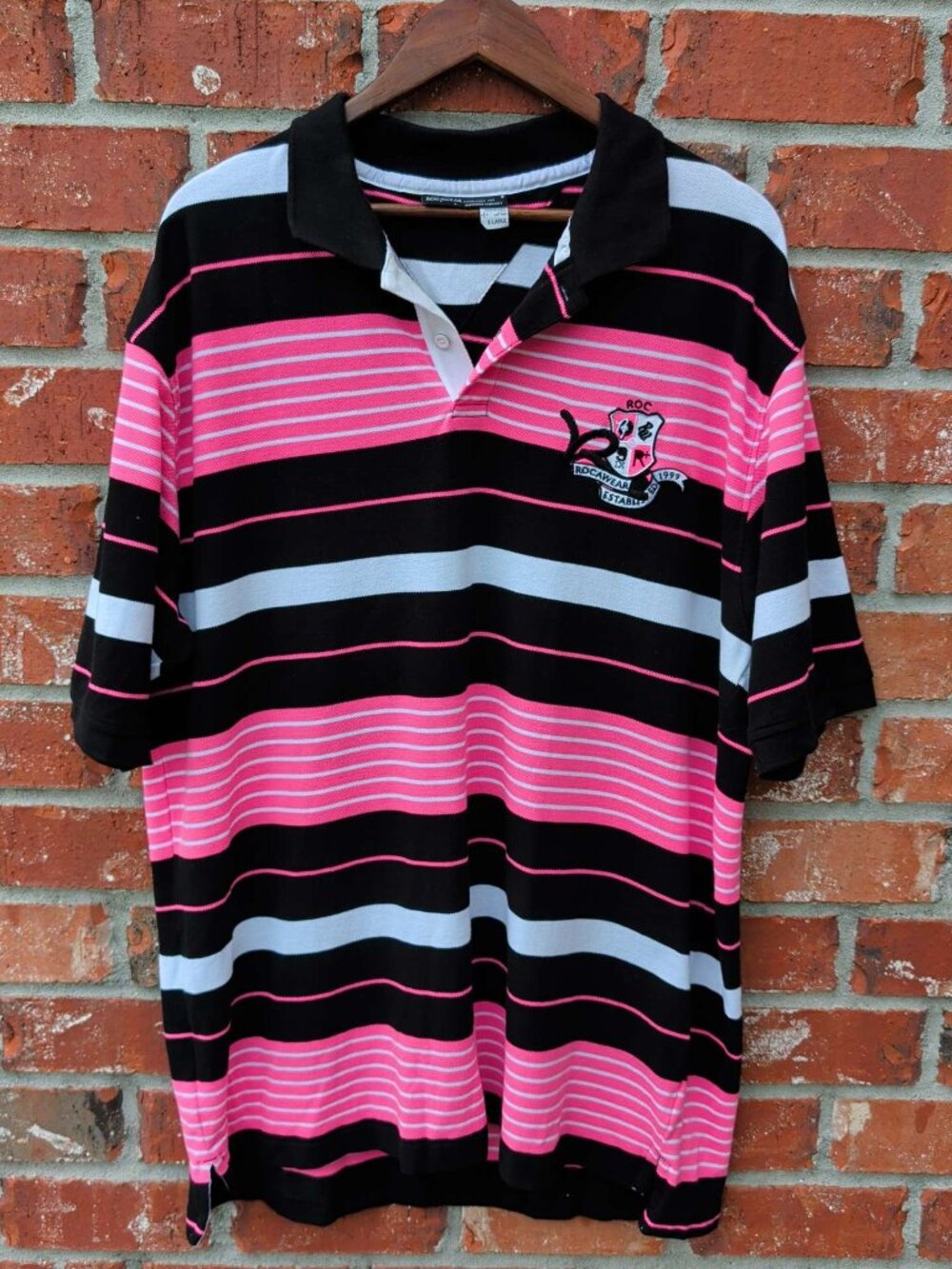 Rocawear Rugby Polo Mens XL Black Pink Striped Crest Logo Y2K